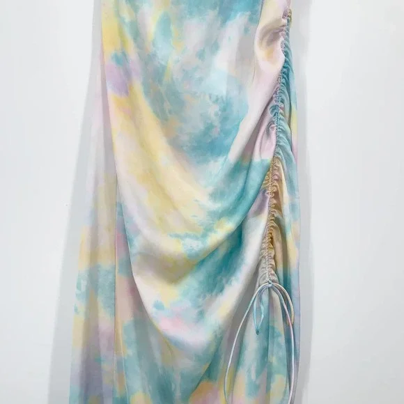 ZARA Satin Tie Dye Camisole Rainbow Side Cinch Strappy Midi Halter Cami Dress - Picture 9 of 15